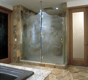 Roswell frameless shower doors with textured glass